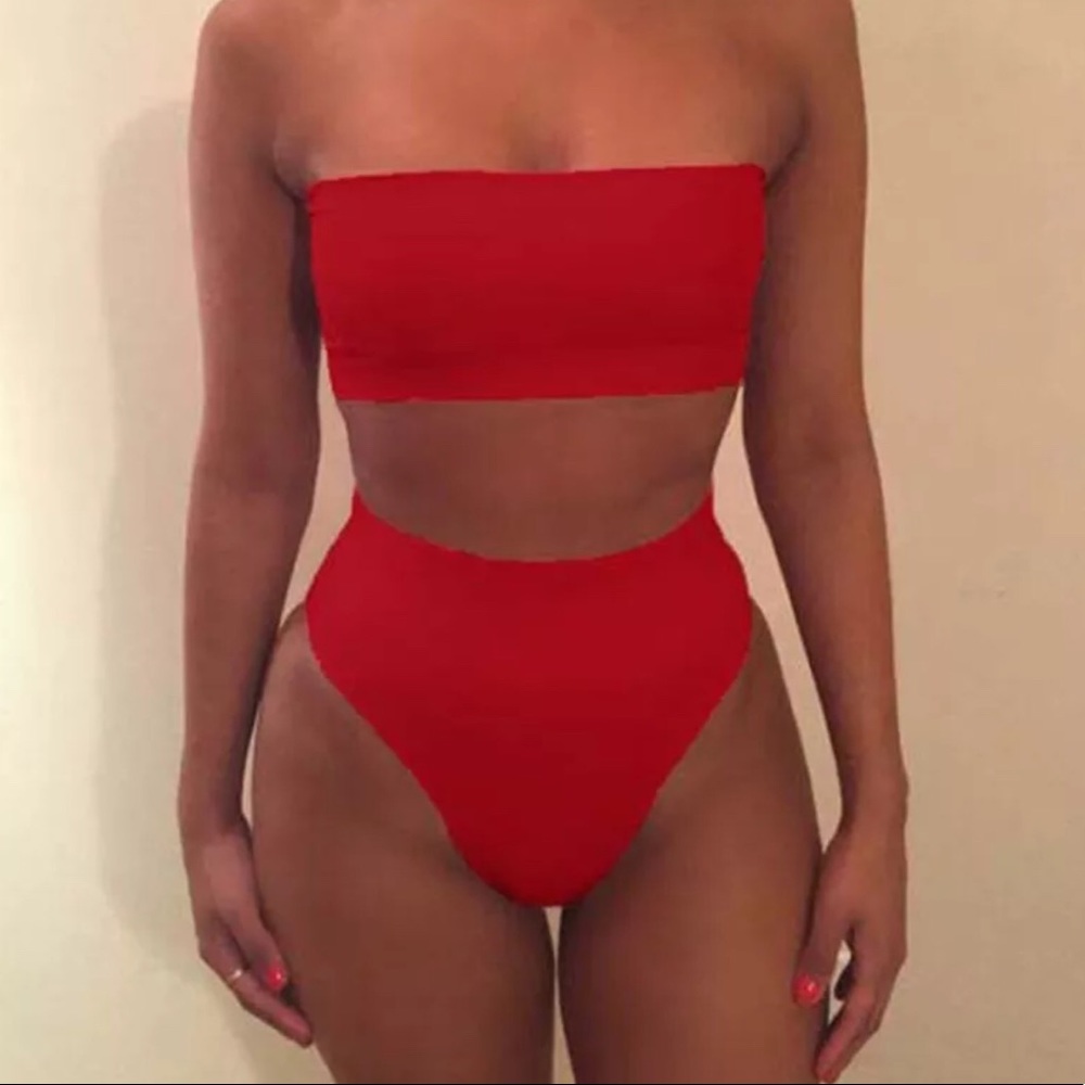 (RED) Bandeau Bikini High Waisted Two Piece Set